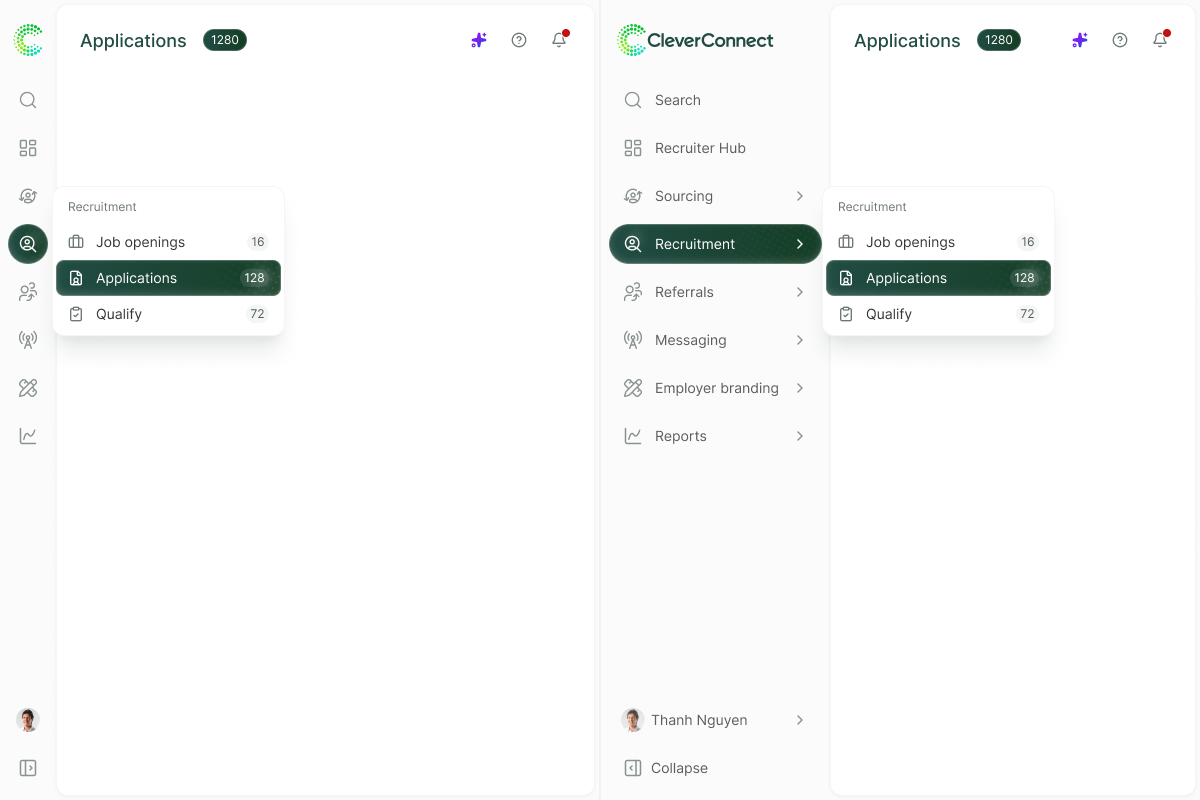 Screenshot of the navigation bar, showing 2 states: collapsed by default, and expanded on demand